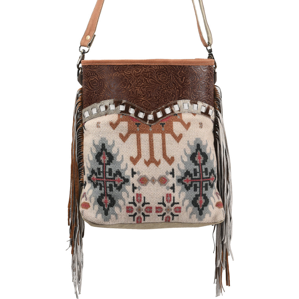 OHLAY Upcycled Wool Canvas Embossed Hair-On Genuine Leather Messenger Bag