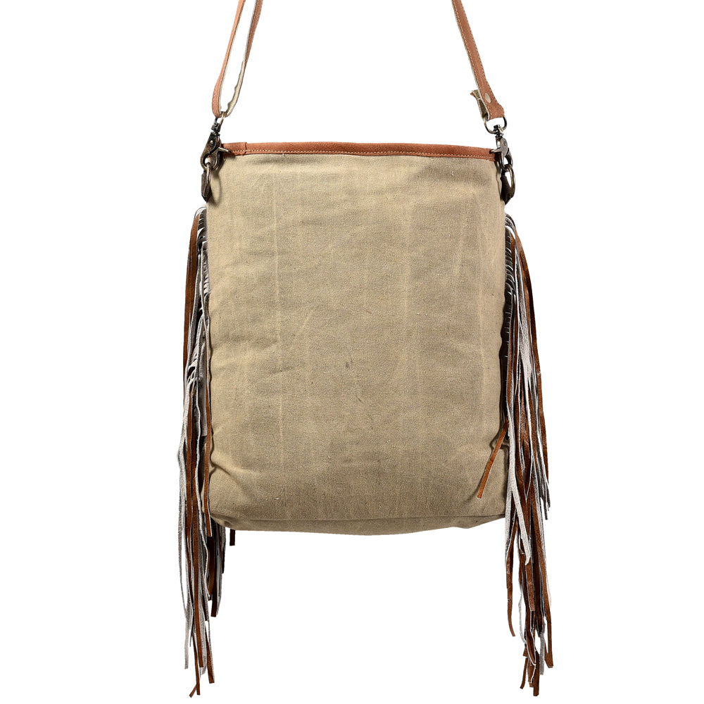 OHLAY Upcycled Wool Canvas Embossed Hair-On Genuine Leather Messenger Bag