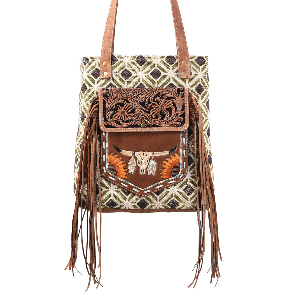 Ohlay Tote Hand Tooled Upcycled Wool Upcycled Canvas Genuine Leather