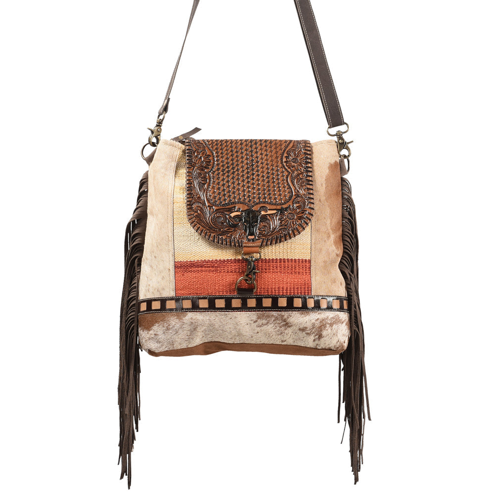 OHLAY Hand-Tooled Upcycled Wool Canvas Hair-On Genuine Leather Messenger Bag