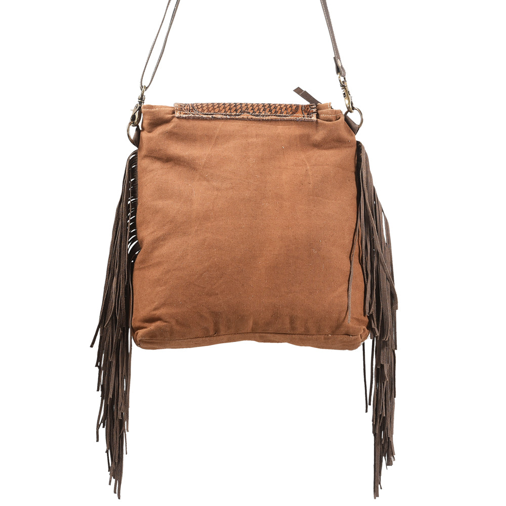 OHLAY Hand-Tooled Upcycled Wool Canvas Hair-On Genuine Leather Messenger Bag