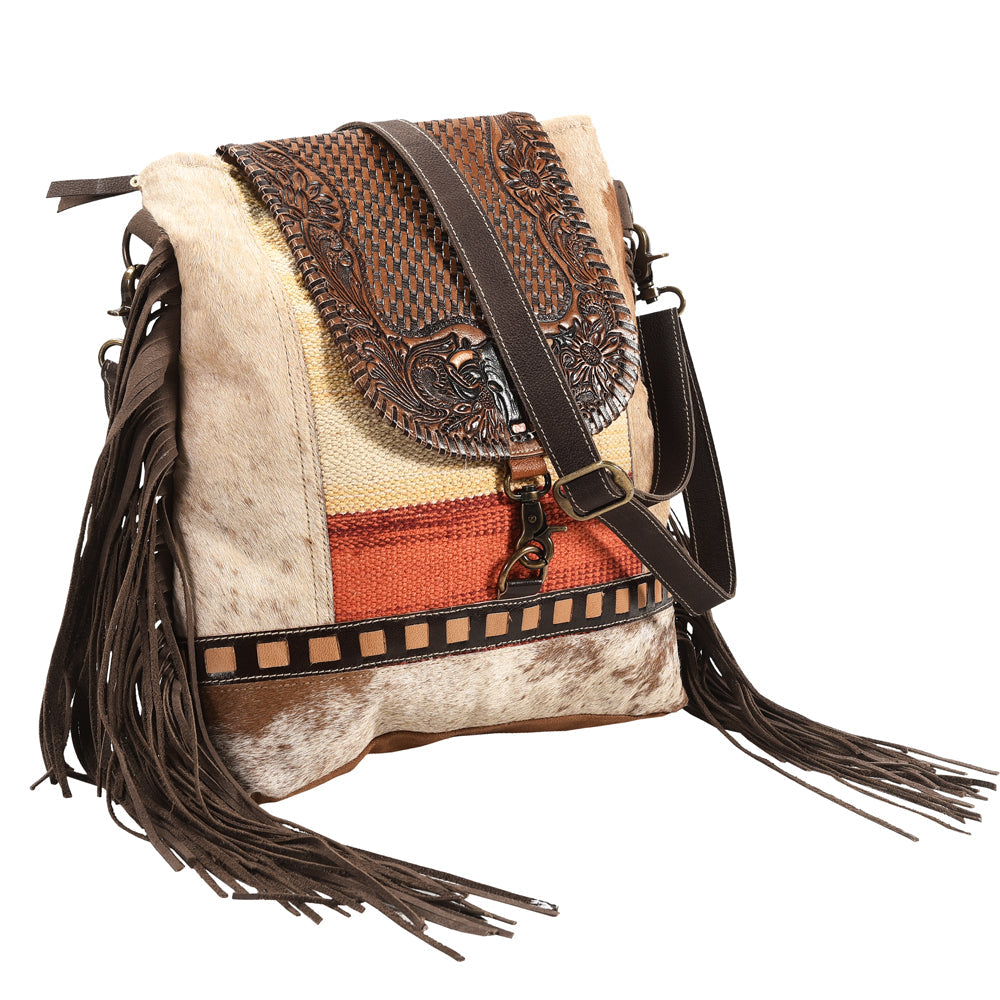 OHLAY Hand-Tooled Upcycled Wool Canvas Hair-On Genuine Leather Messenger Bag