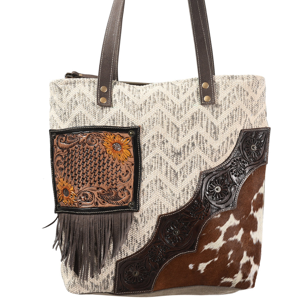 OHLAY Hand-Tooled Upcycled Wool Canvas Hair-On Genuine Leather Tote