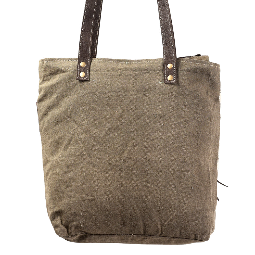 OHLAY Hand-Tooled Upcycled Wool Canvas Hair-On Genuine Leather Tote