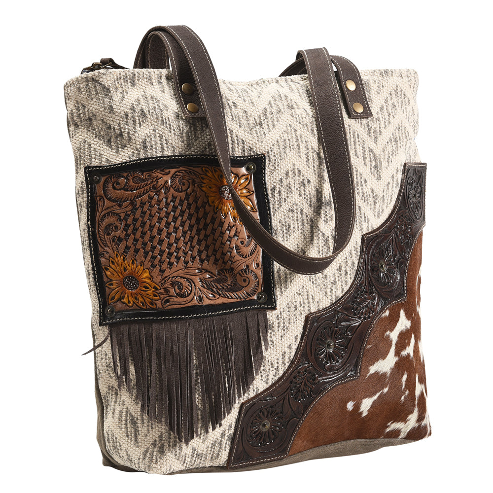 OHLAY Hand-Tooled Upcycled Wool Canvas Hair-On Genuine Leather Tote