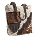 OHLAY Hand-Tooled Upcycled Wool Canvas Hair-On Genuine Leather Tote