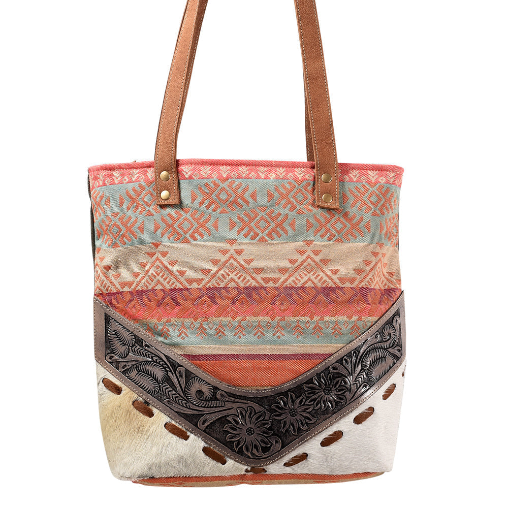 OHLAY Hand-Tooled Upcycled Wool Canvas Hair-On Genuine Leather Tote