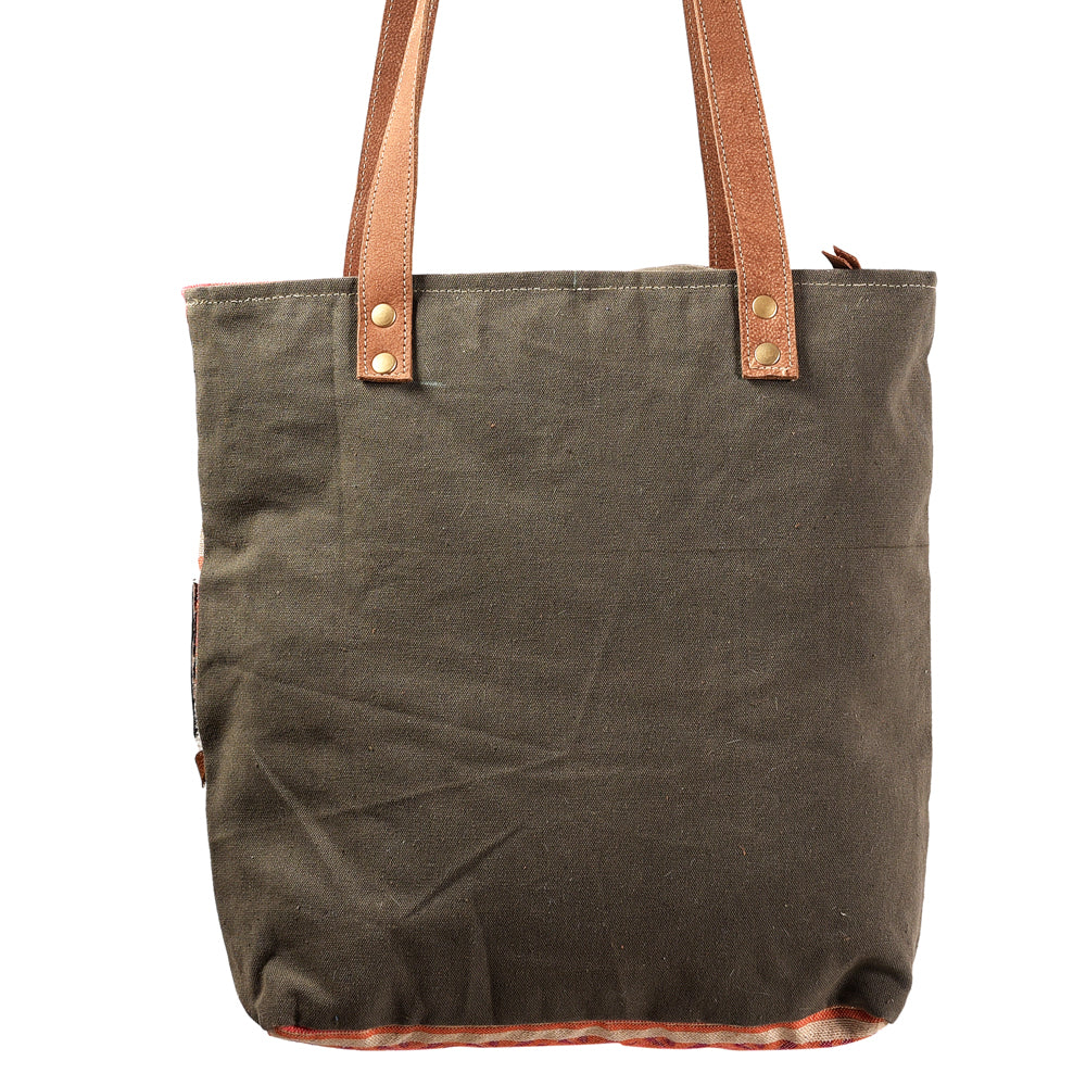 OHLAY Hand-Tooled Upcycled Wool Canvas Hair-On Genuine Leather Tote
