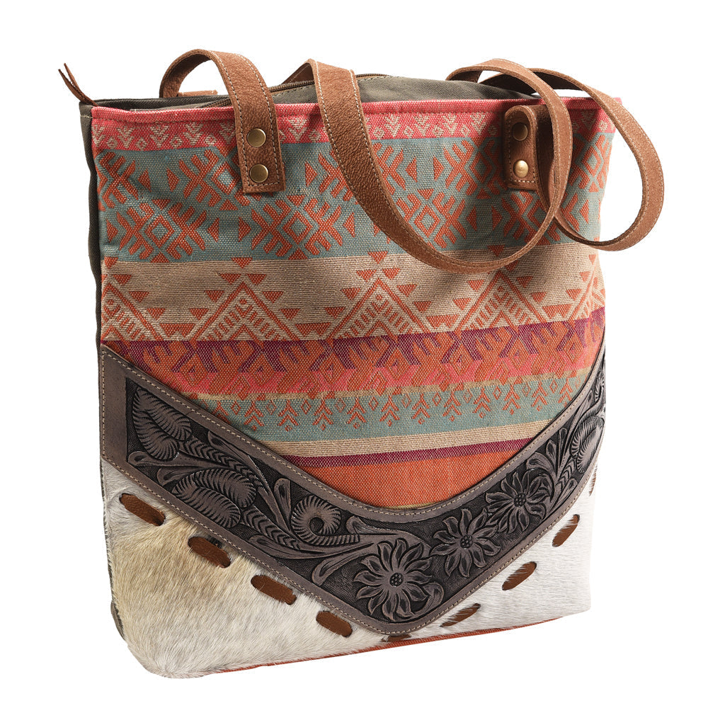 OHLAY Hand-Tooled Upcycled Wool Canvas Hair-On Genuine Leather Tote