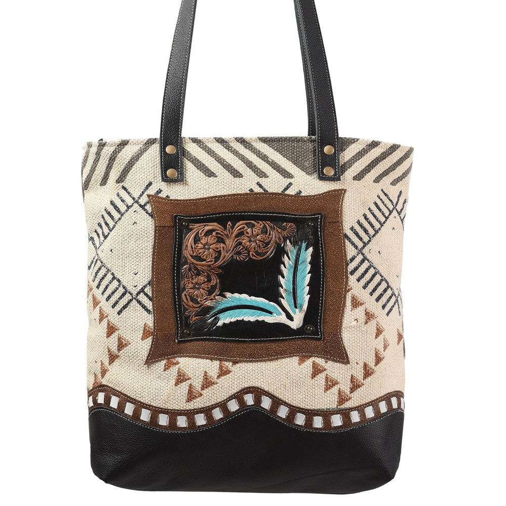 Ohlay Tote Hand Tooled Upcycled Wool Upcycled Canvas Genuine Leather