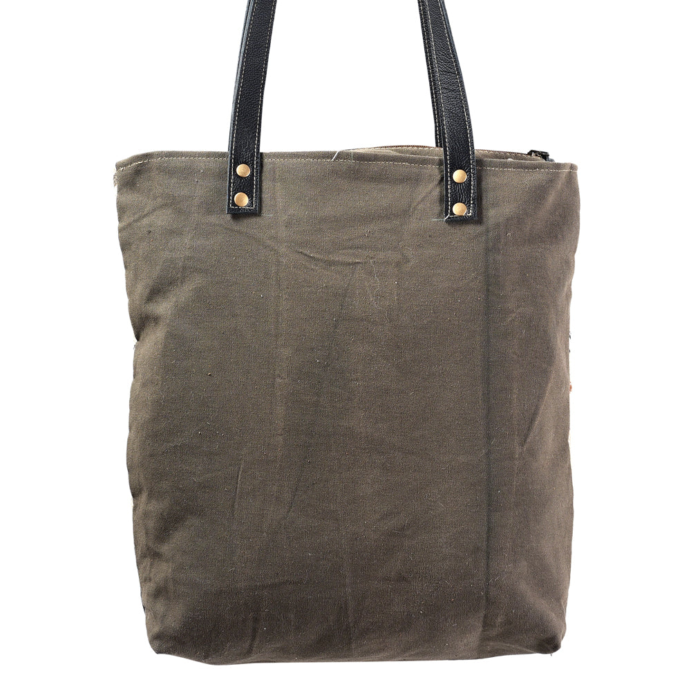 Ohlay Tote Hand Tooled Upcycled Wool Upcycled Canvas Genuine Leather