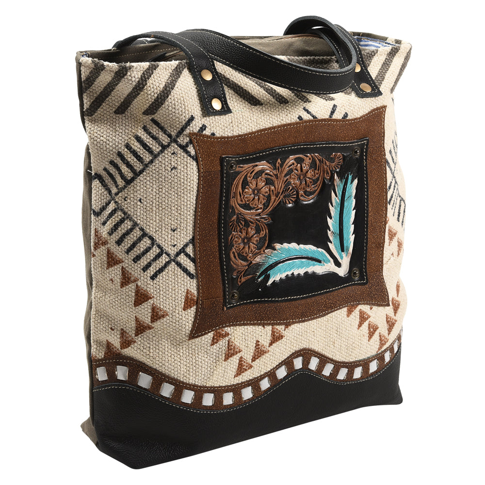 Ohlay Tote Hand Tooled Upcycled Wool Upcycled Canvas Genuine Leather