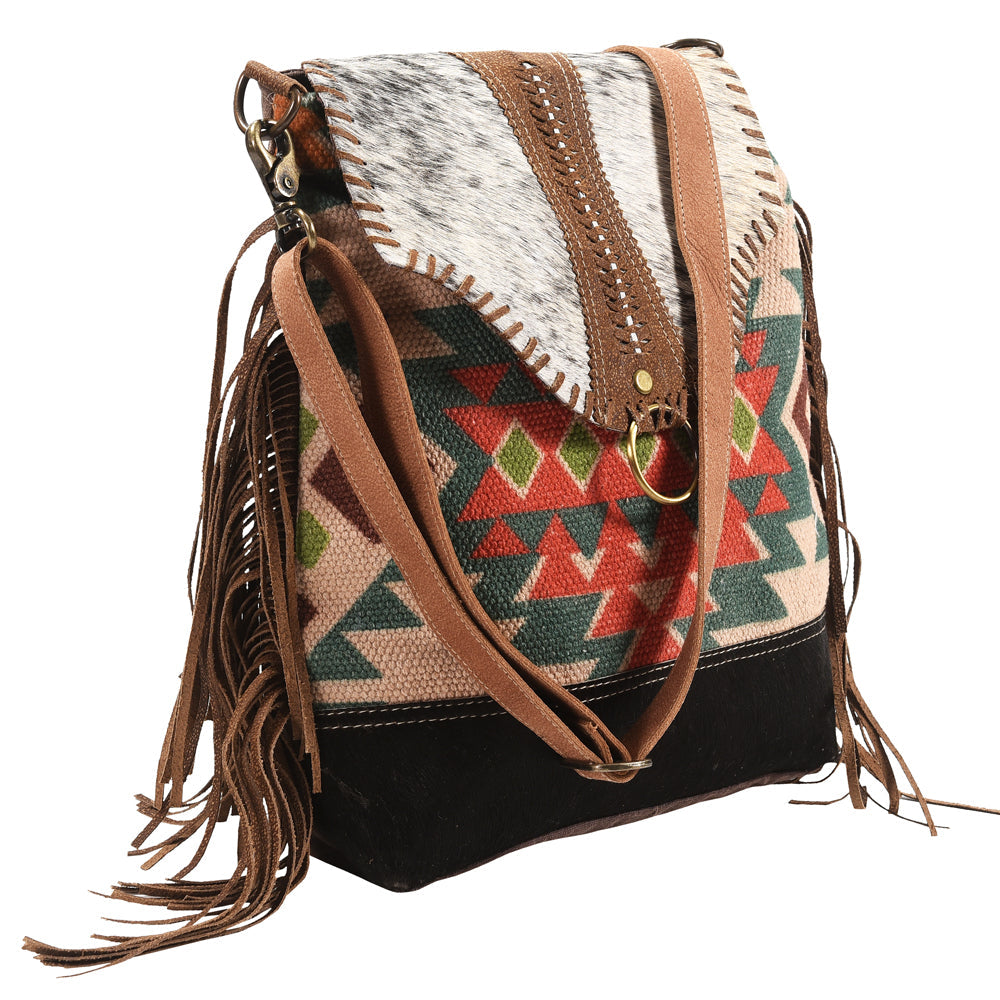 OHLAY Upcycled Wool Canvas Hair-On Genuine Leather Messenger Bag