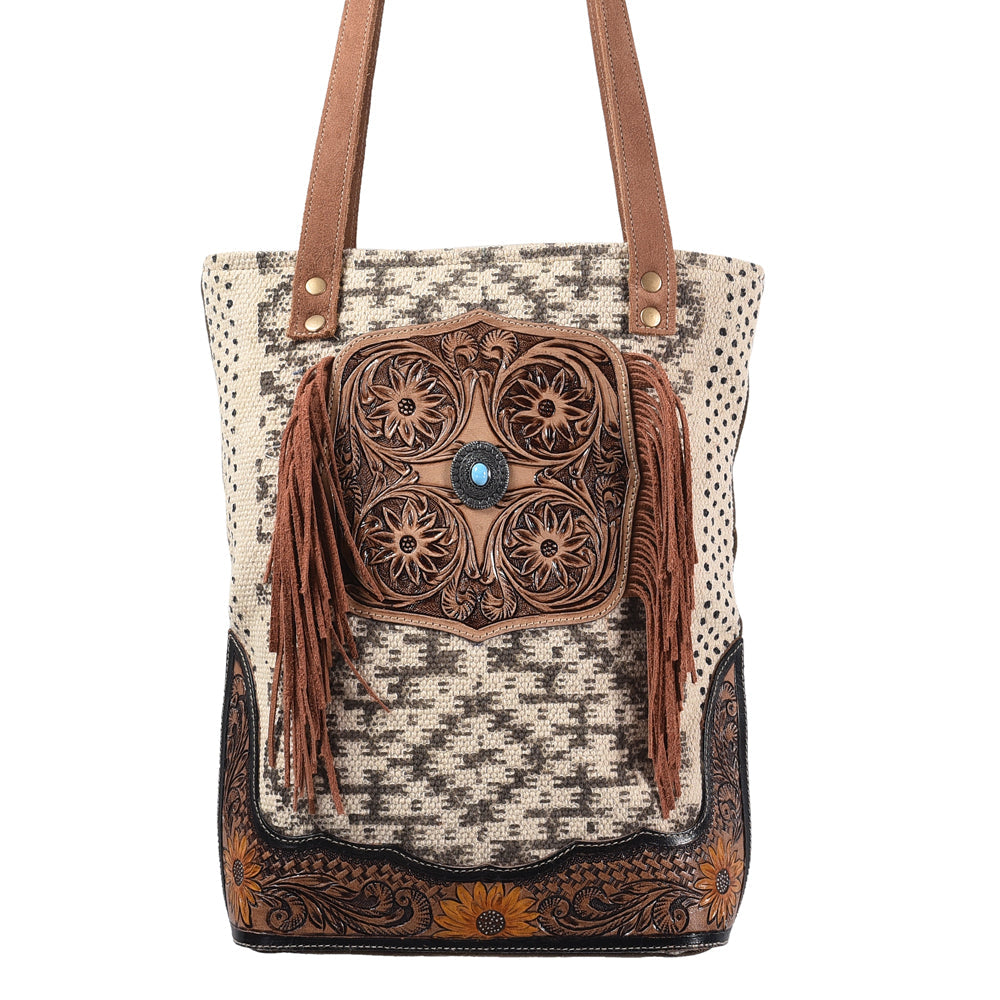 OHLAY Hand-Tooled Upcycled Wool Canvas Genuine Leather Tote