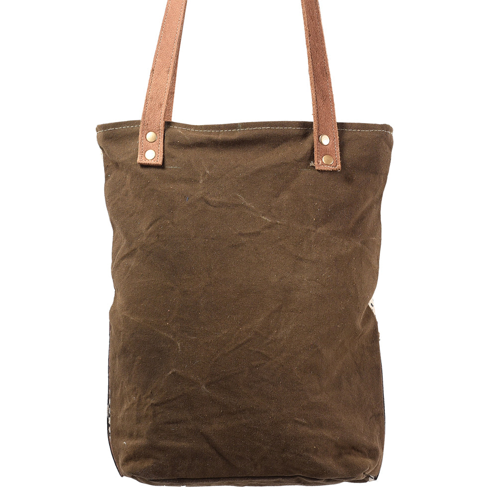 OHLAY Hand-Tooled Upcycled Wool Canvas Genuine Leather Tote