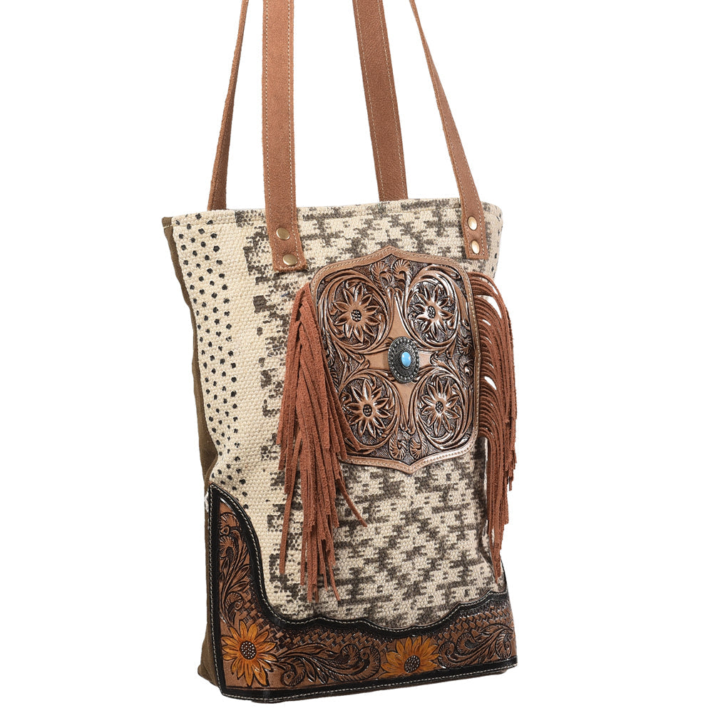 OHLAY Hand-Tooled Upcycled Wool Canvas Genuine Leather Tote