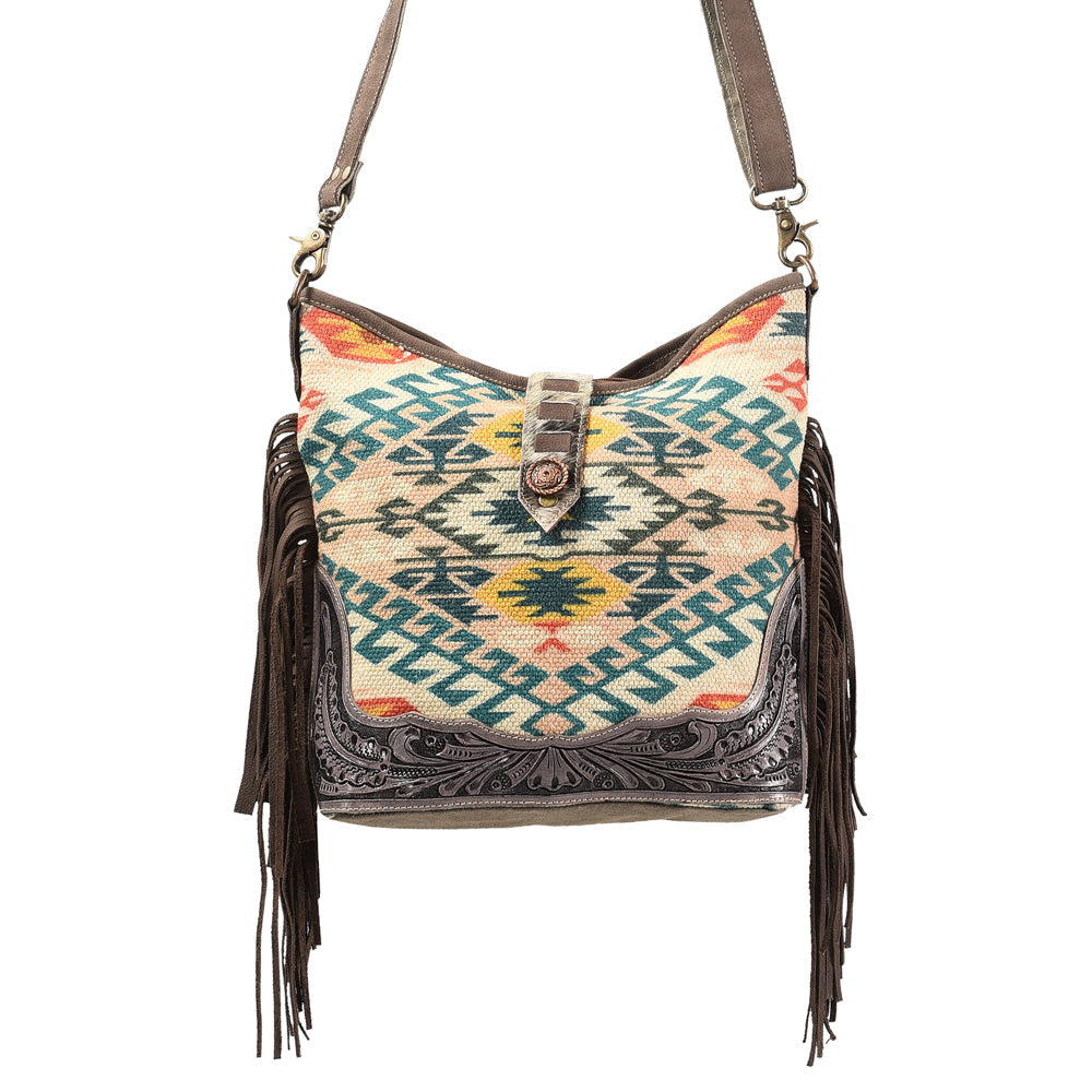 Ohlay Crossbody Hand Tooled Upcycled Wool Upcycled Canvas Hair-On Genuine Leather