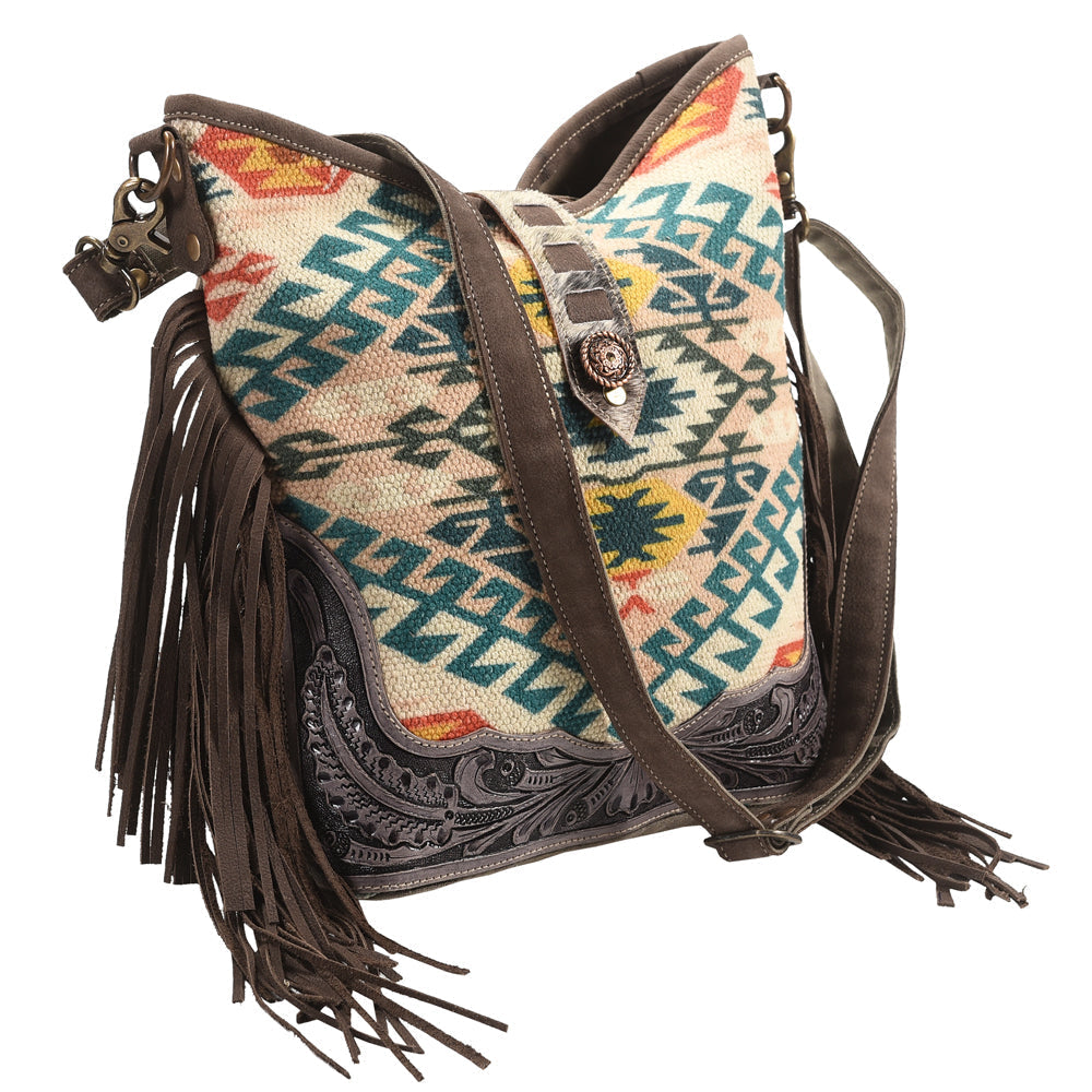 Ohlay Crossbody Hand Tooled Upcycled Wool Upcycled Canvas Hair-On Genuine Leather
