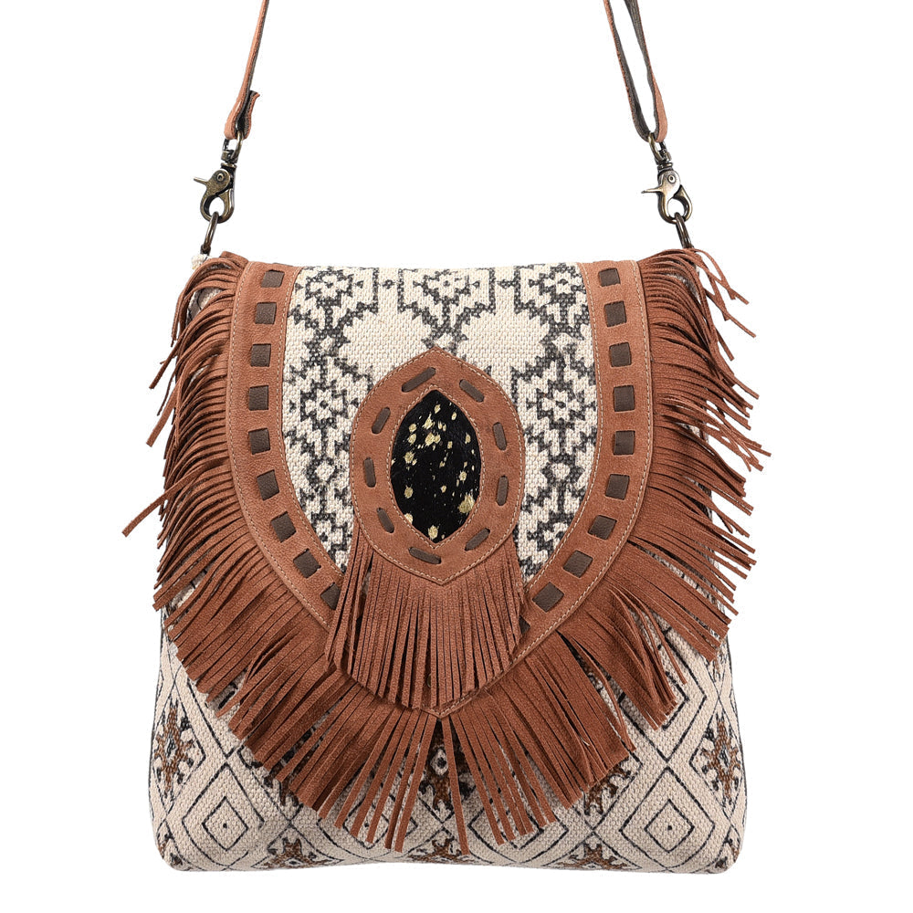 OHLAY Upcycled Wool Canvas Hair-On Genuine Leather Messenger Bag