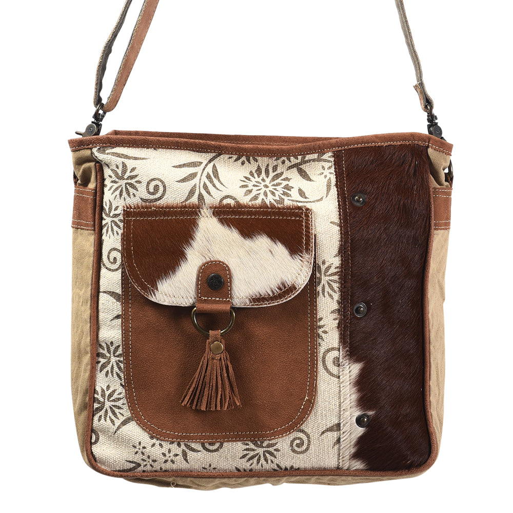 OHLAY Upcycled Wool Canvas Hair-On Genuine Leather Messenger Bag