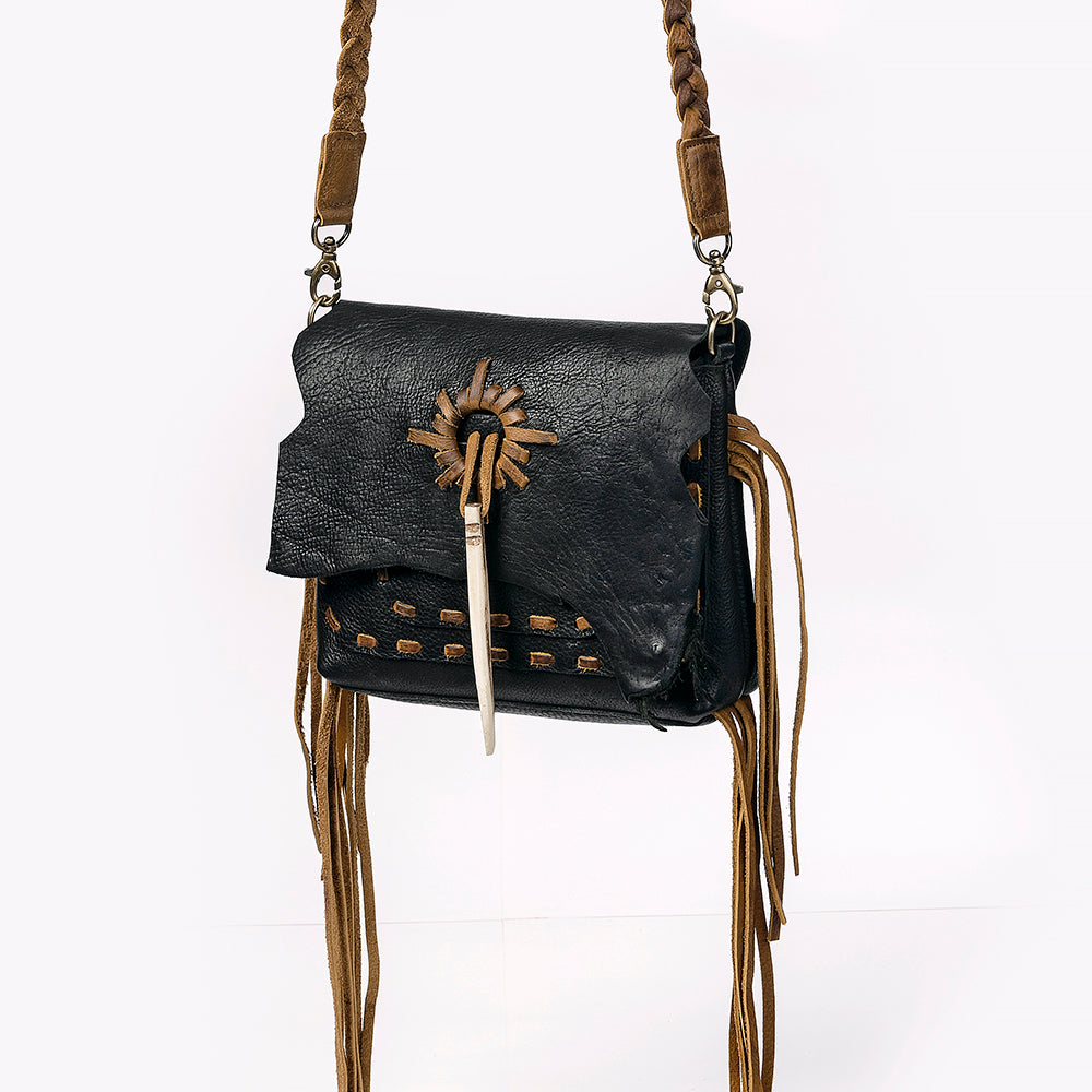 American Darling Cross body Bag Western Genuine Leather Handcrafted Purse with Fringes and Braided Strap