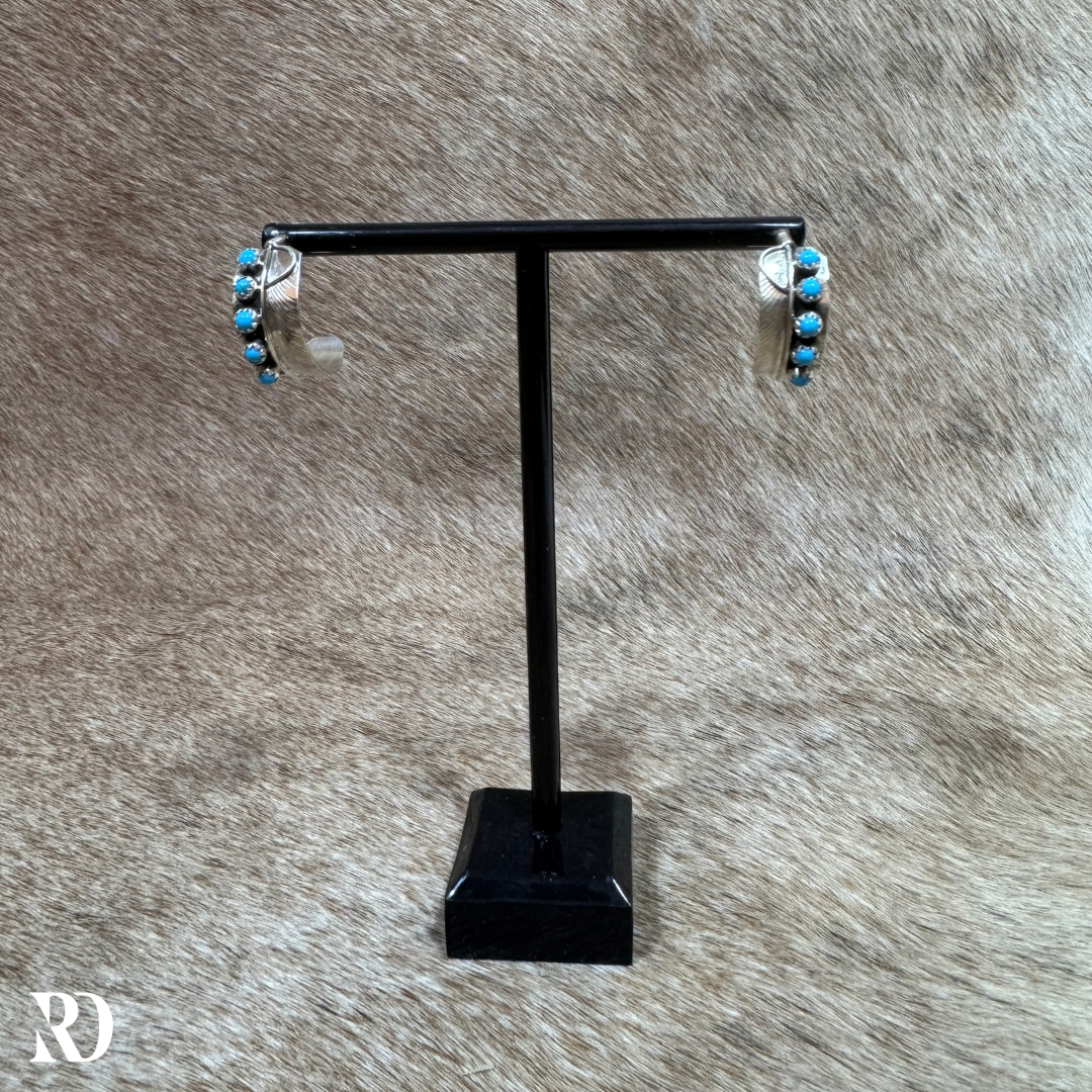 Small Feathered Hoop With Kingman Turquoise Earrings By Chester Charley