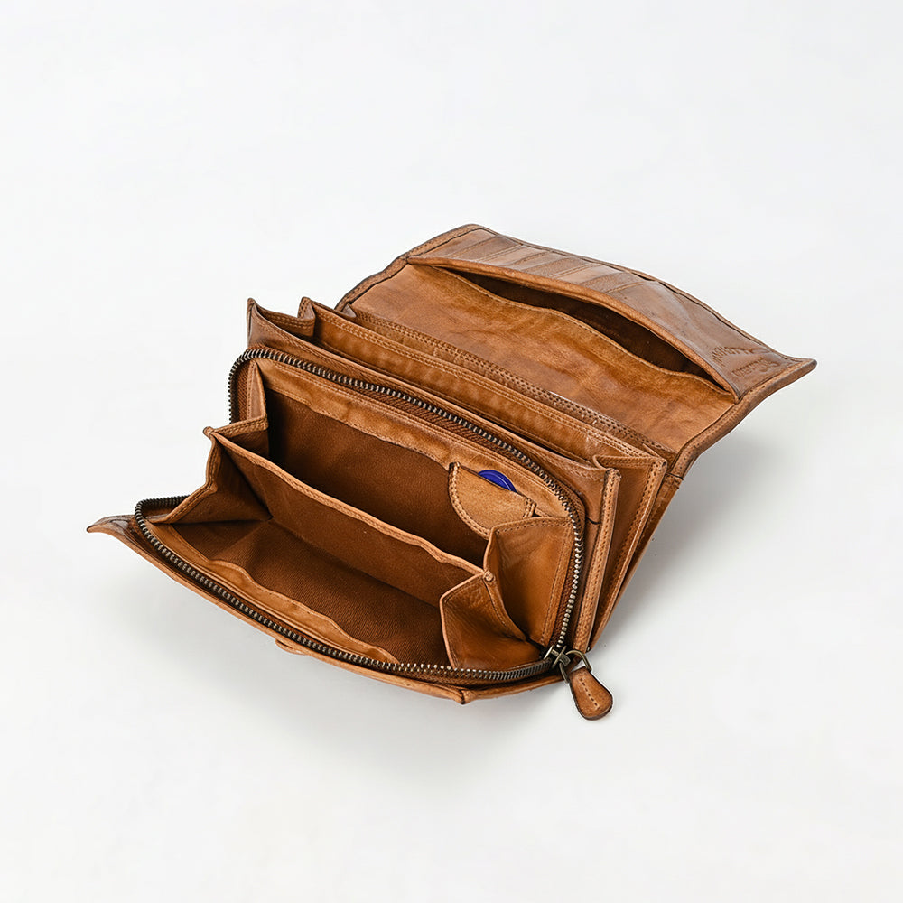 Spaghetti Western Swc446Tan Wallet Vintage Handmade Drum Dyed Genuine European Cowhide Leather Women Bag Western Handbag Purse