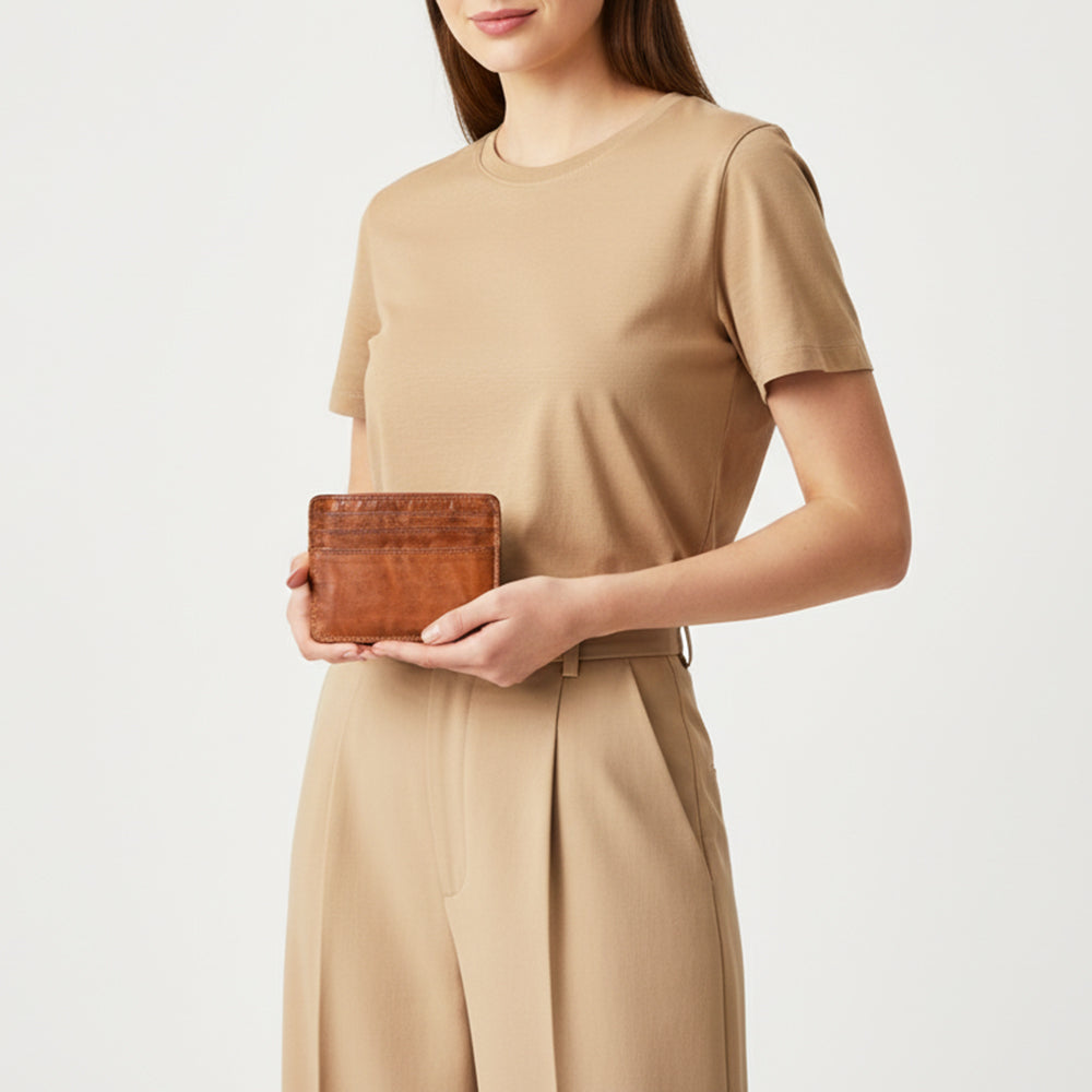 Spaghetti Western Swc451Cg Card-Holder Vintage Handmade Drum Dyed Genuine European Cowhide Leather Women Bag Western Handbag Purse