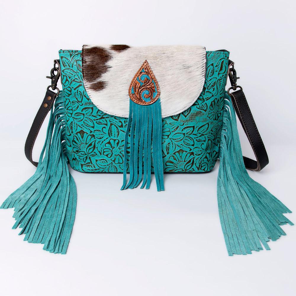 OHLAY Hand-Tooled Embossed Hair-On Leather Crossbody Bag