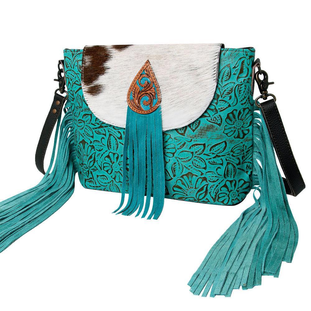 OHLAY Hand-Tooled Embossed Hair-On Leather Crossbody Bag