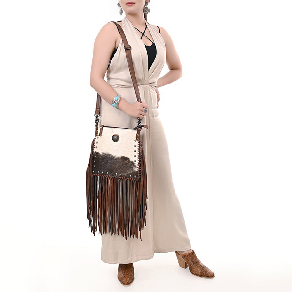 American Darling Western Cross body Bag, Hair-On Cowhide Full Grain Leather with Fringes and Rivets, Handcrafted Boho Purse
