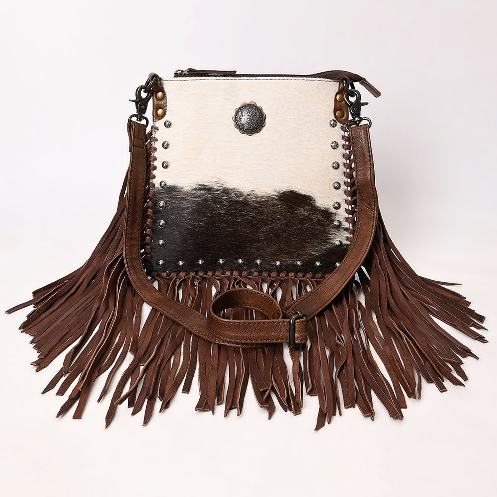 American Darling Western Cross body Bag, Hair-On Cowhide Full Grain Leather with Fringes and Rivets, Handcrafted Boho Purse