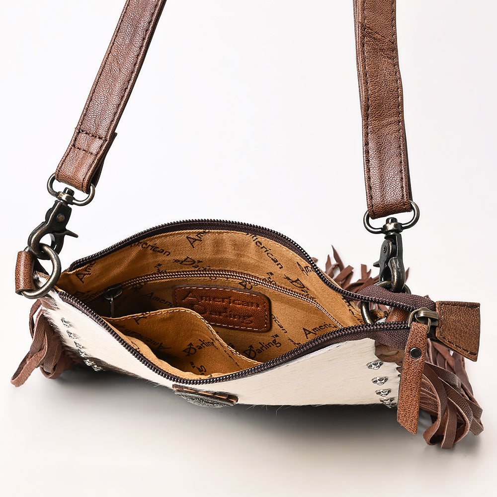 American Darling Western Cross body Bag, Hair-On Cowhide Full Grain Leather with Fringes and Rivets, Handcrafted Boho Purse