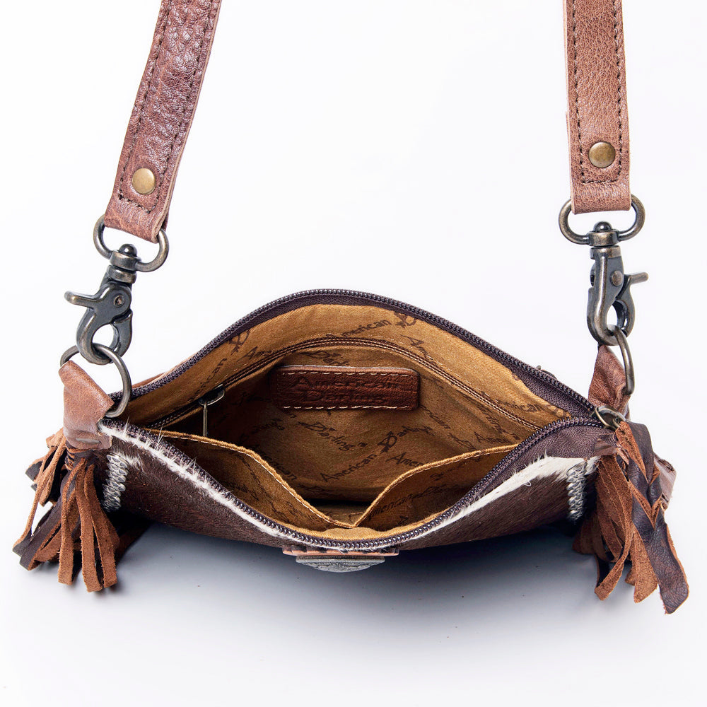 American Darling Western Cross body Bag, Hair-On Cowhide Full Grain Leather with Fringes and Rivets, Handcrafted Boho Purse