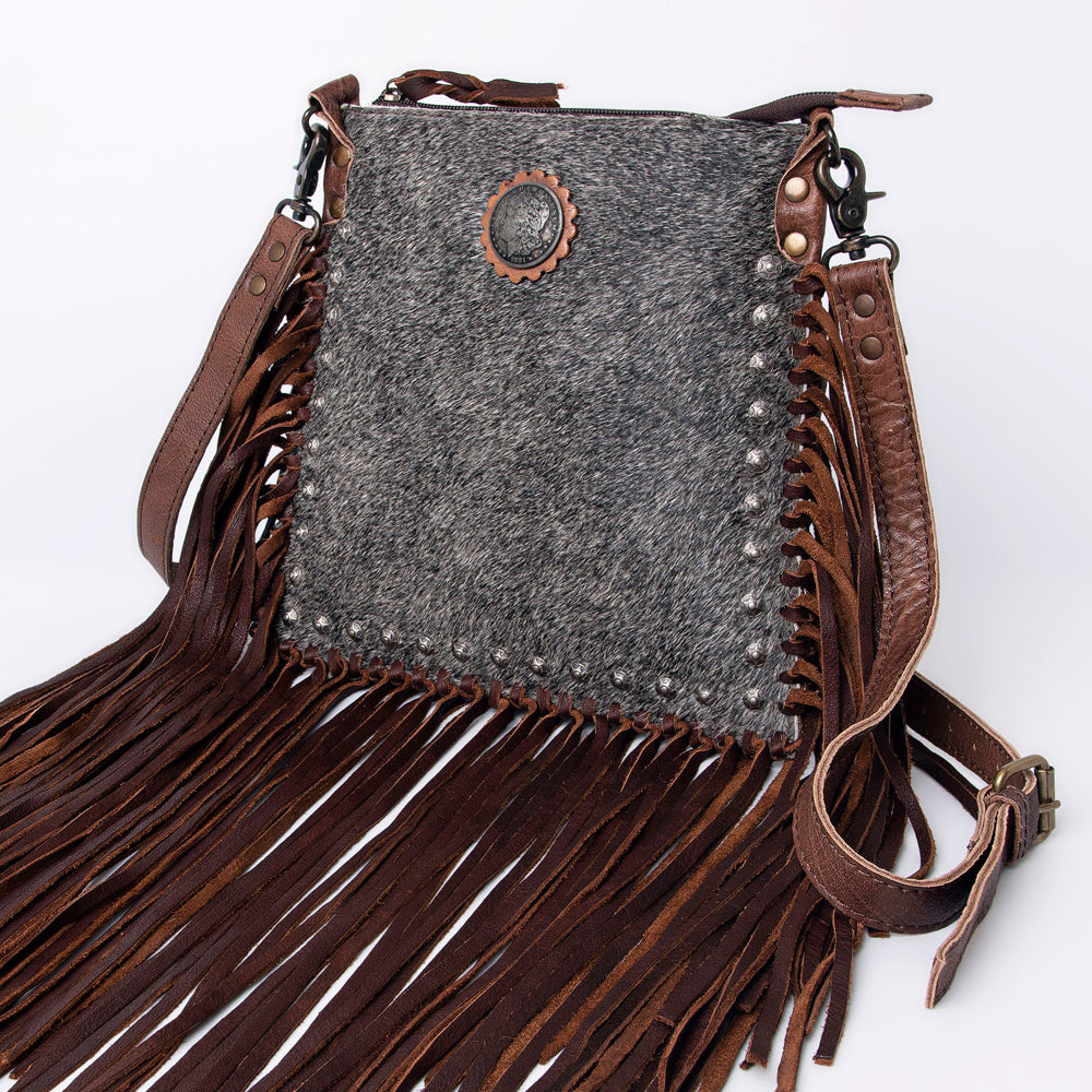 American Darling Western Cross body Bag, Hair-On Cowhide Full Grain Leather with Fringes and Rivets, Handcrafted Boho Purse