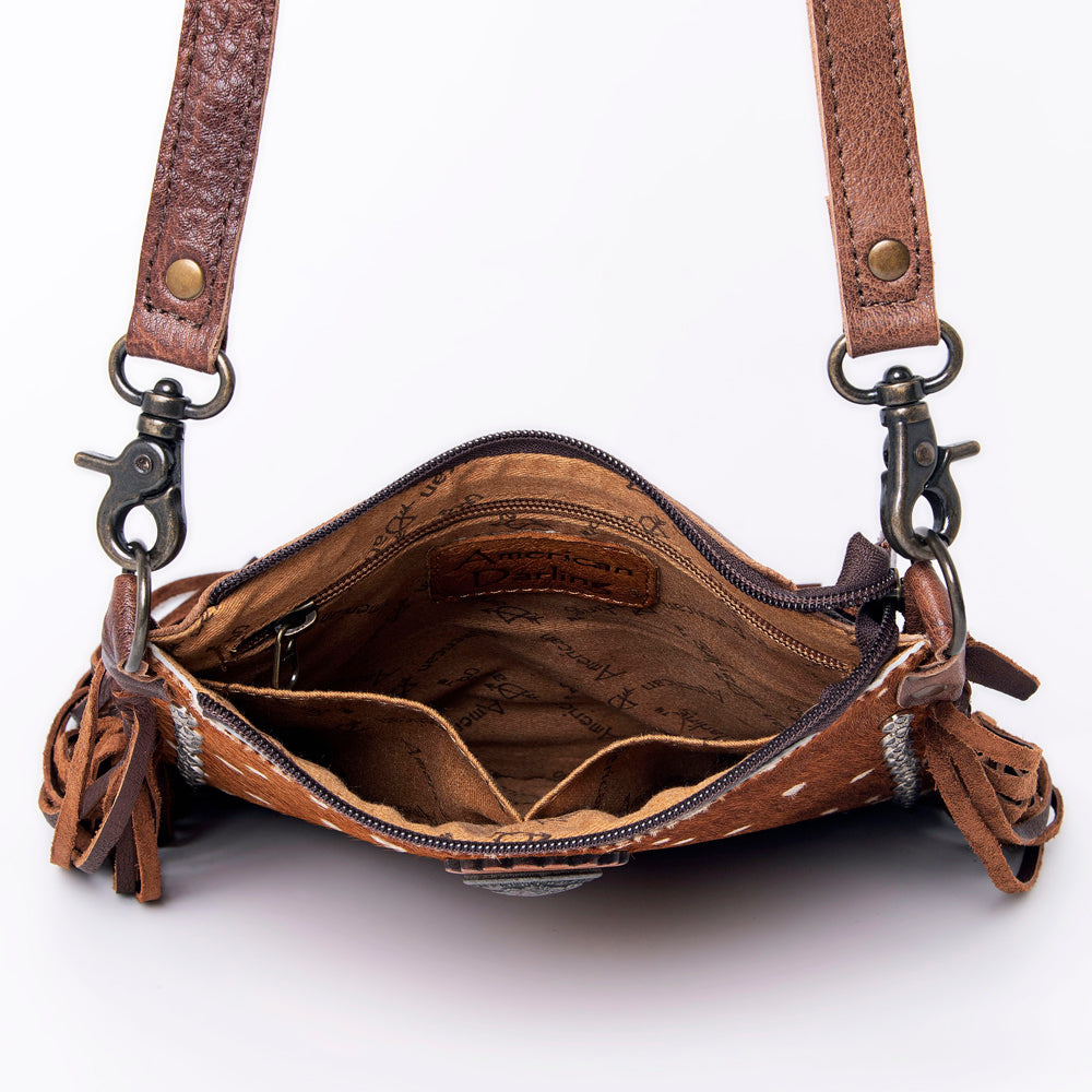 American Darling Western Cross body Bag, Hair-On Cowhide Full Grain Leather with Fringes and Rivets, Handcrafted Boho Purse