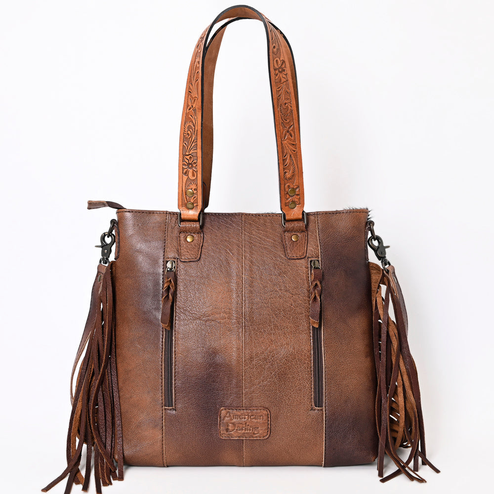 American Darling Tote Bag Genuine Leather Hand Tooled Floral Western Purse with Hair-On Cowhide Fringes and YKK Zipper