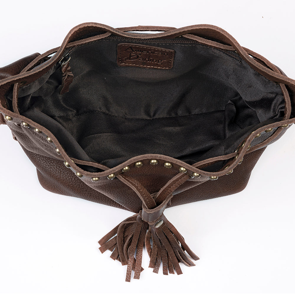 American Darling Bucket Bag, Genuine Vegetable Tanned Full Grain Leather, Rivetted Drawstring Purse, 6.5in X 11in X 4.5in