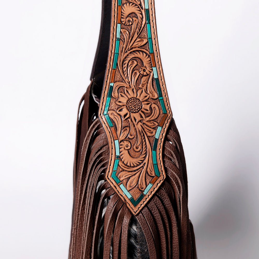 Tooled Leather Hobo Bag With Hair On Hide Western Style