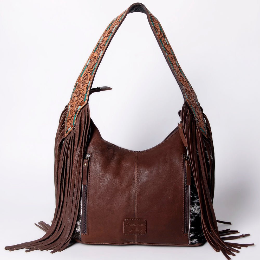 Tooled Leather Hobo Bag With Hair On Hide Western Style