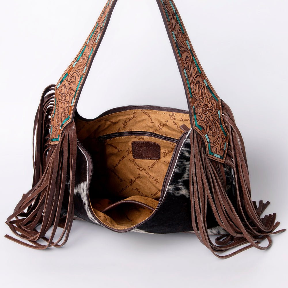 Tooled Leather Hobo Bag With Hair On Hide Western Style