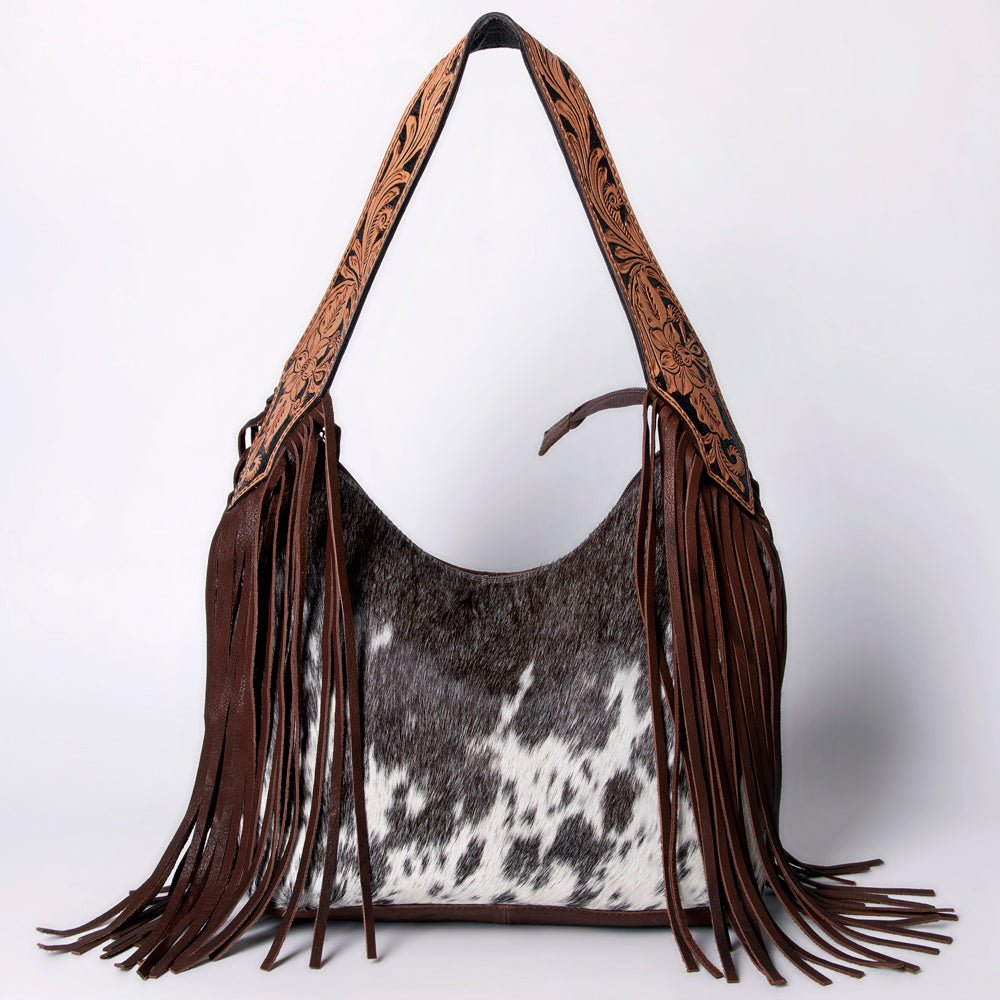 Tooled Leather Hobo Bag With Hair On Hide Western Style