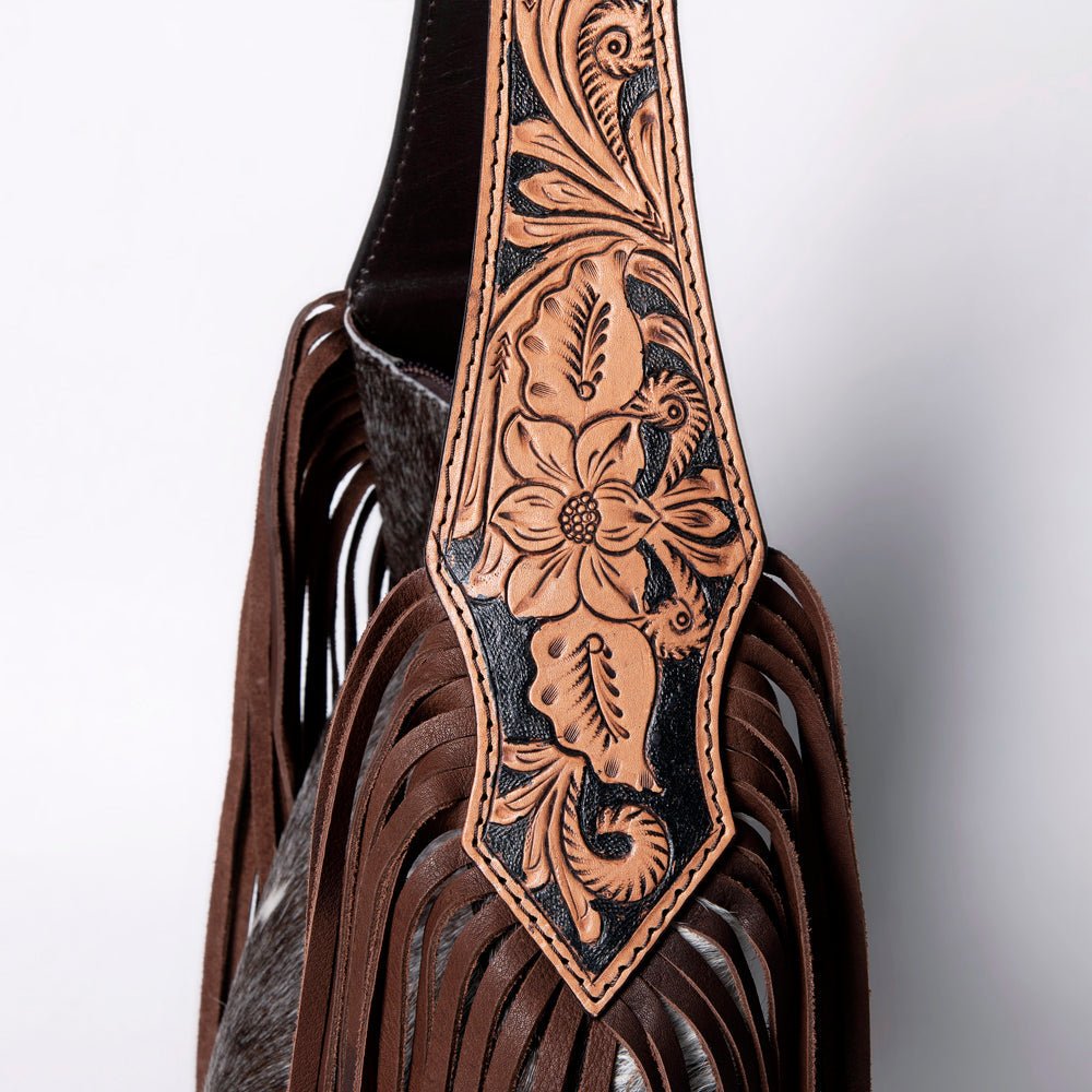Tooled Leather Hobo Bag With Hair On Hide Western Style