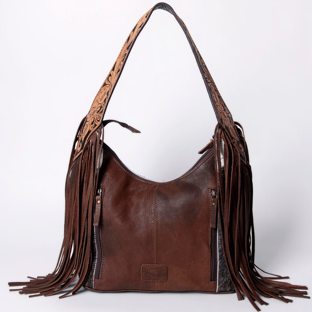 Tooled Leather Hobo Bag With Hair On Hide Western Style