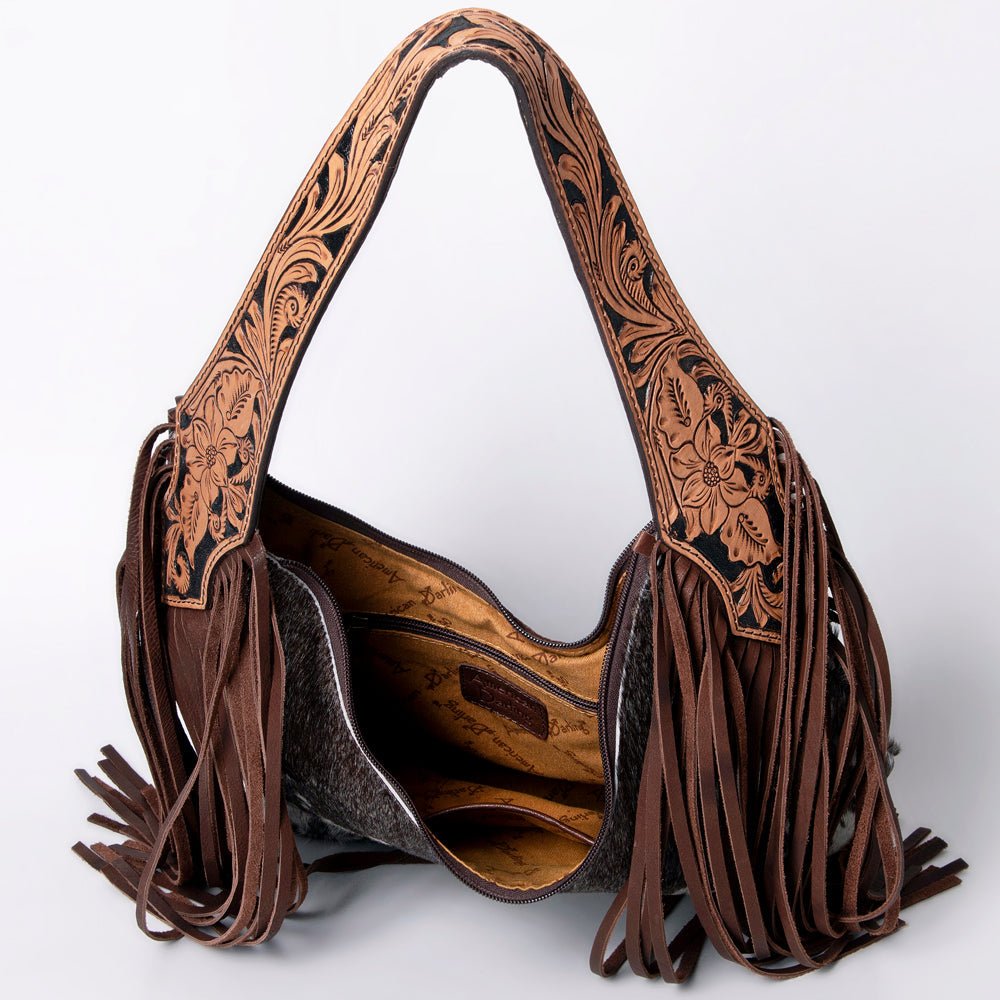 Tooled Leather Hobo Bag With Hair On Hide Western Style