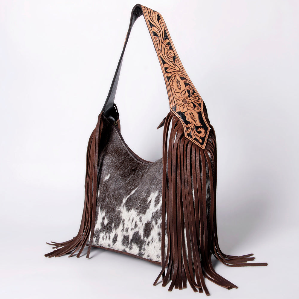American Darling Hobo Bag for Women - Hair-On Cowhide, Hand Tooled Floral Carved Genuine Leather Shoulder Bag with Fringes
