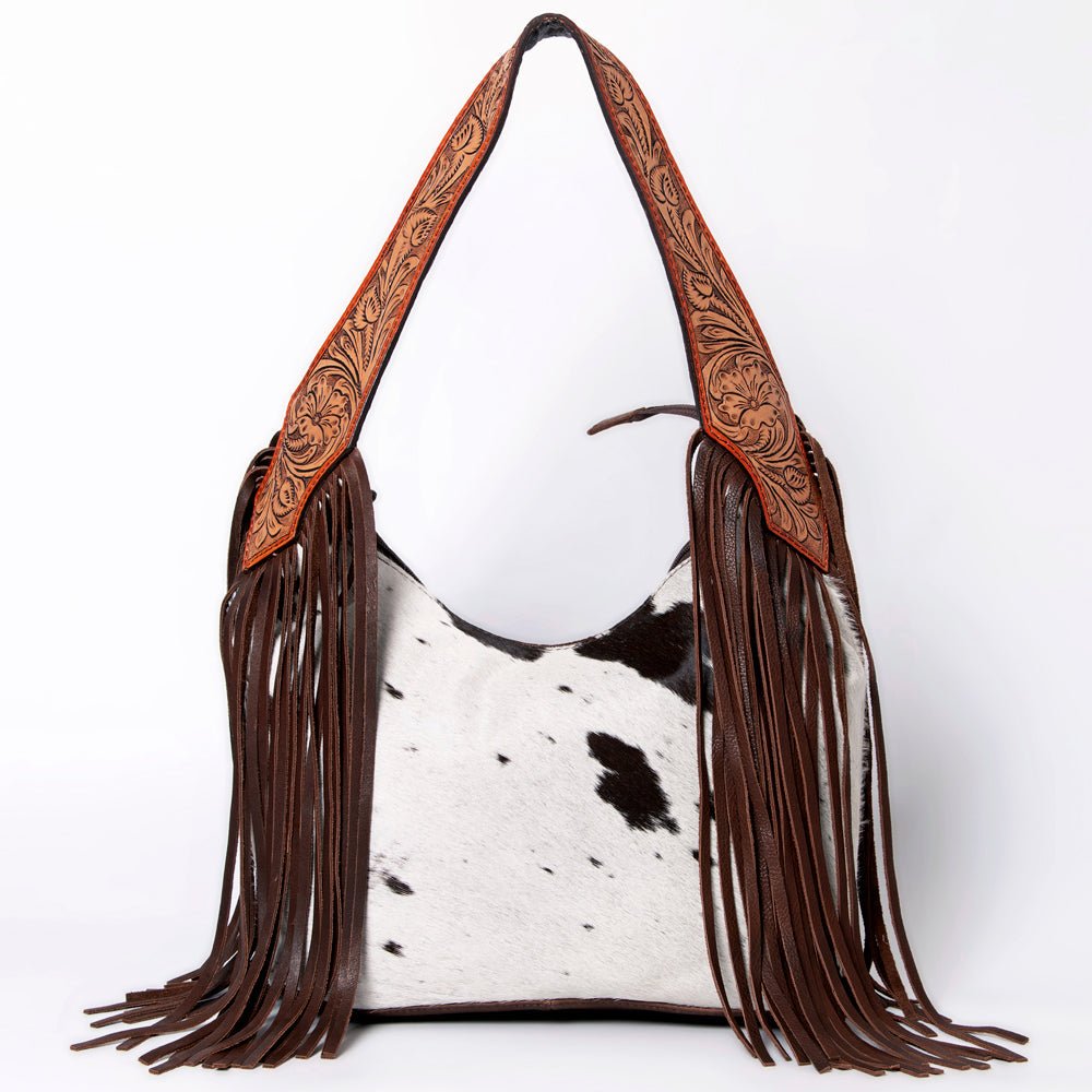 Tooled Leather Hobo Bag With Hair On Hide Western Style