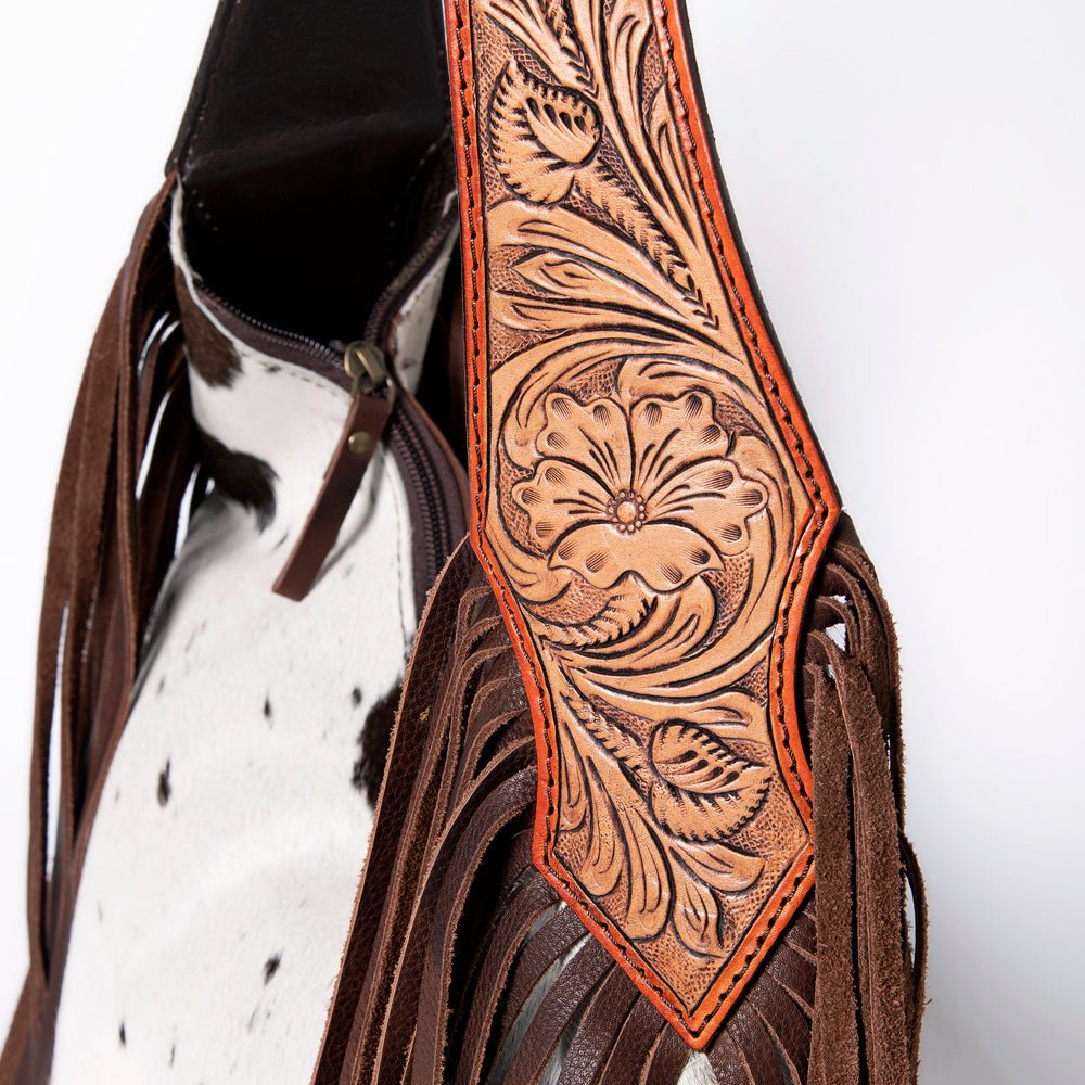 Tooled Leather Hobo Bag With Hair On Hide Western Style