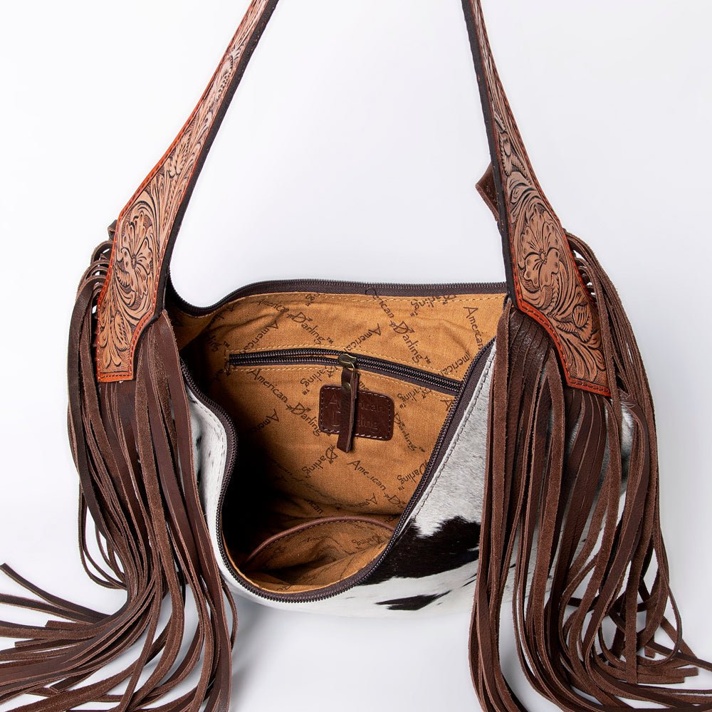 Tooled Leather Hobo Bag With Hair On Hide Western Style