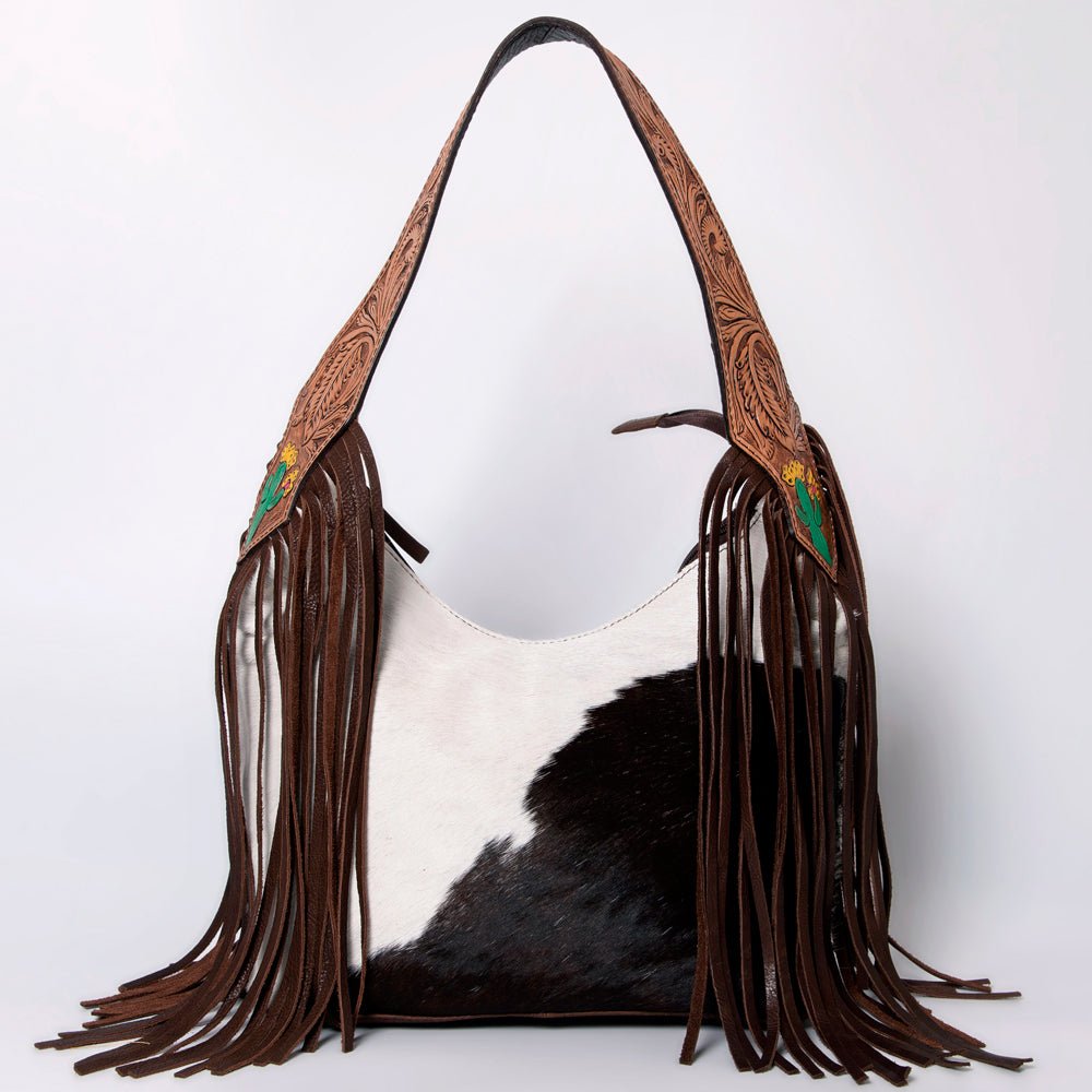 Tooled Leather Hobo Bag With Hair On Hide Western Style